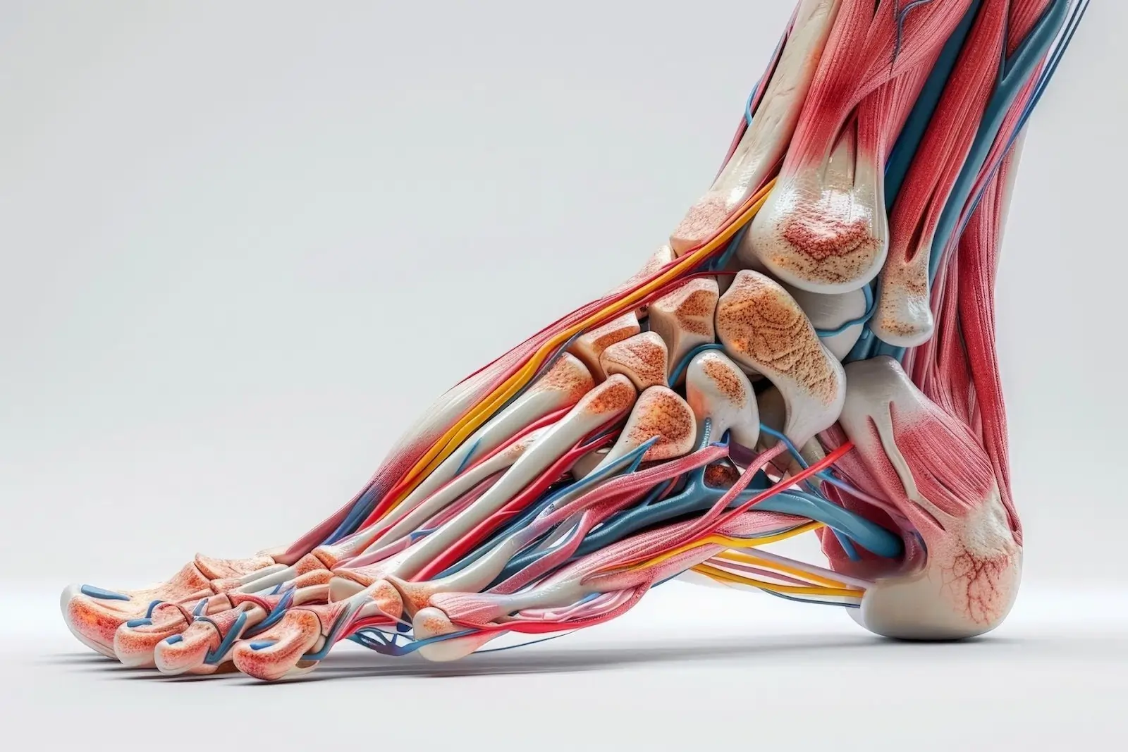 An anatomical representation of the ankle and foot with vasculature.