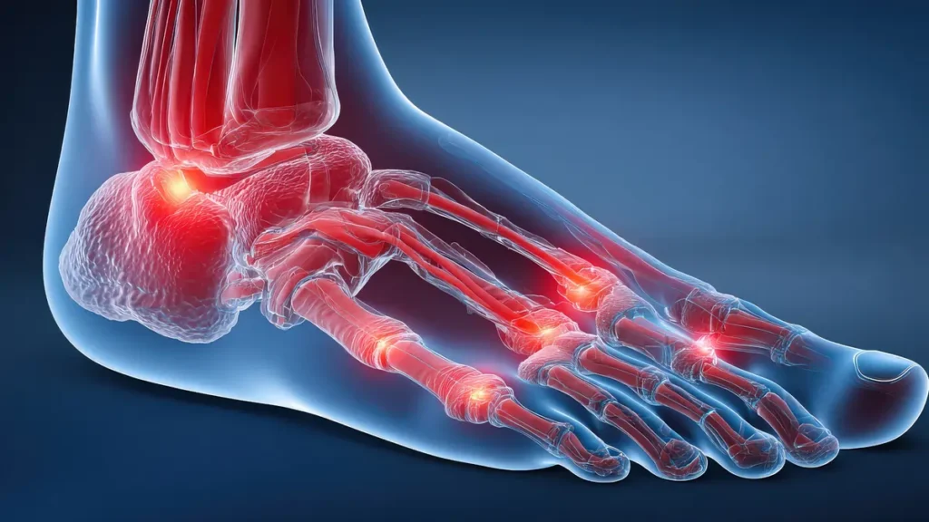 A graphic representation of the ankle and foot bones, with areas of pain glowing red.